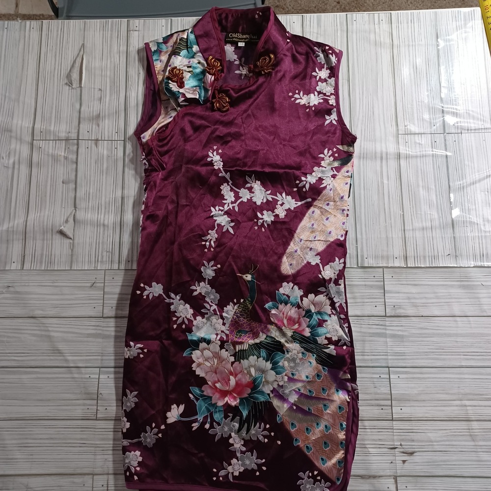 Old Shanghai Plum Purple Satin Peacock Floral Cheongsam Qipao Dress Size 10